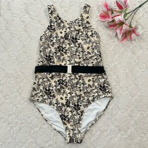 Old Navy - Belted Ivory & Black Floral High Neck One Piece Swimsuit - XXL